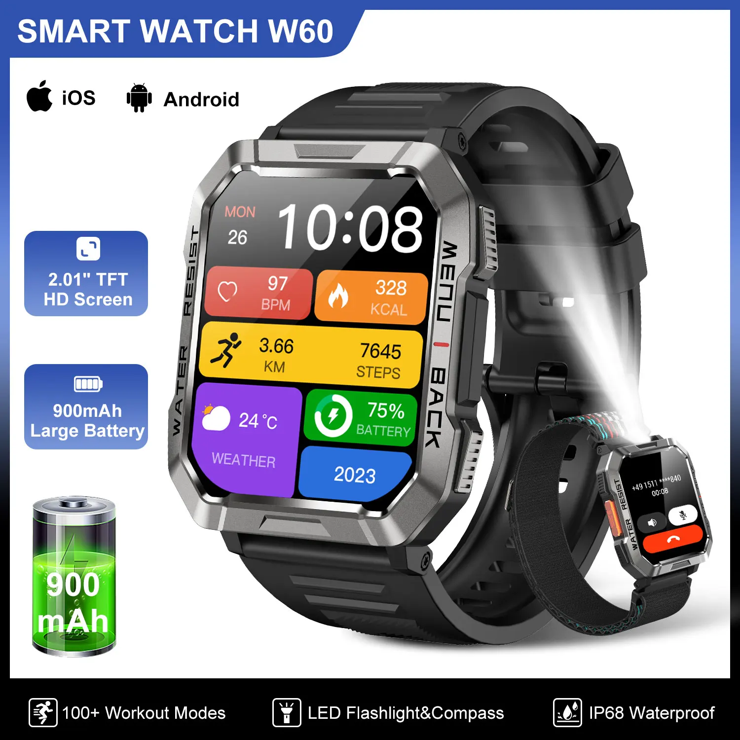 

IOWODO W60 Waterproof Smart Watch 2.01 inch HD Display 900mAh Large Battery Smartwatch with Emergency Lighting Woman Man Watches