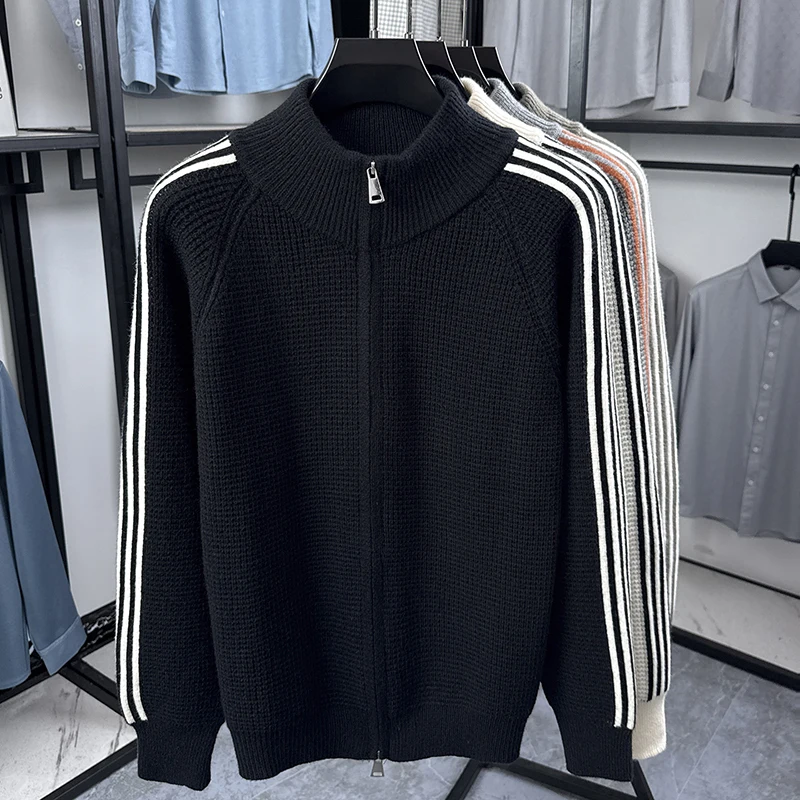 Modischer Herbst-Winter-Strick-Cardigan, Designer-Marke, Klassisches Gestreiftes Design, Herren-Reißverschluss-Stepphals, Neuer Koreanischer Lässiger Pullover-Mantel – Detail 21