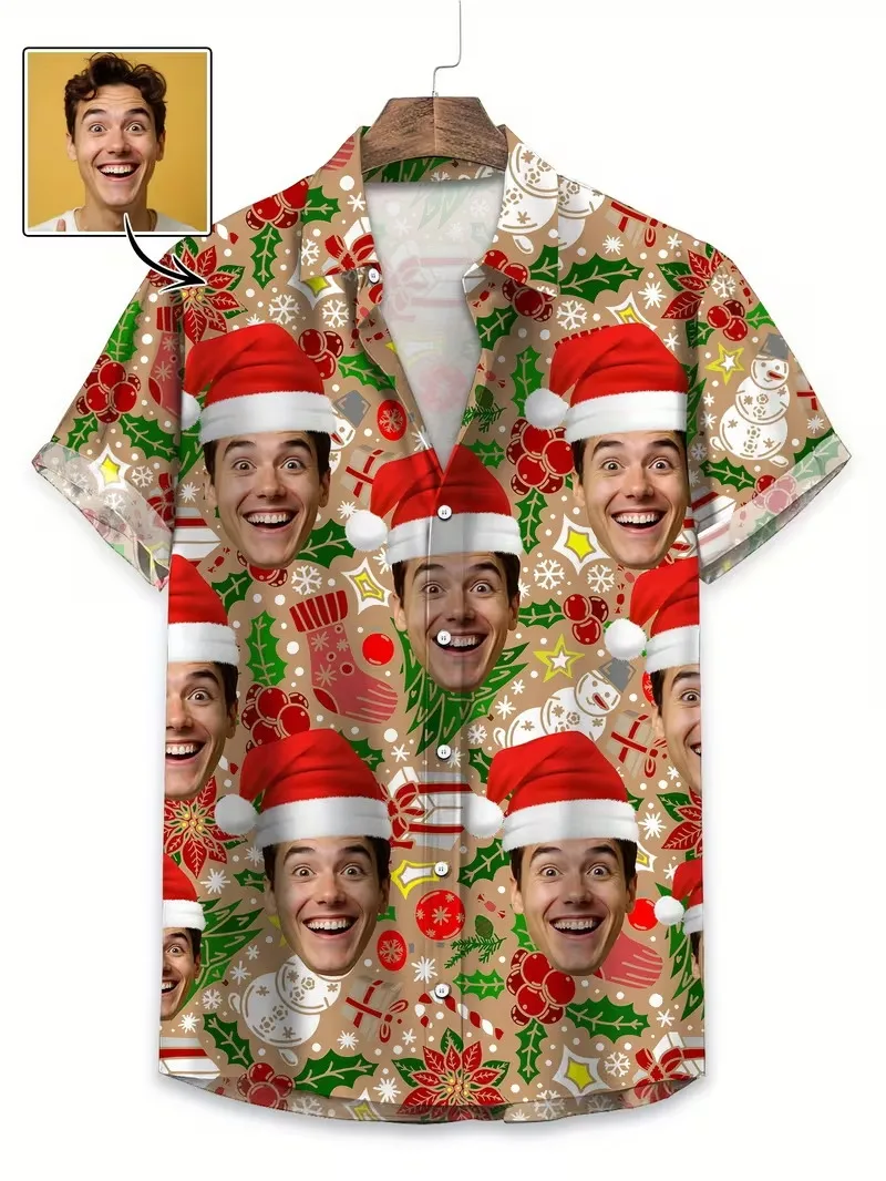 Custom Face Personalized Photo Hawaiian Shirt Men Santa Hat Christmas Pattern Xmas Party Short Sleeve Button beach Shirt