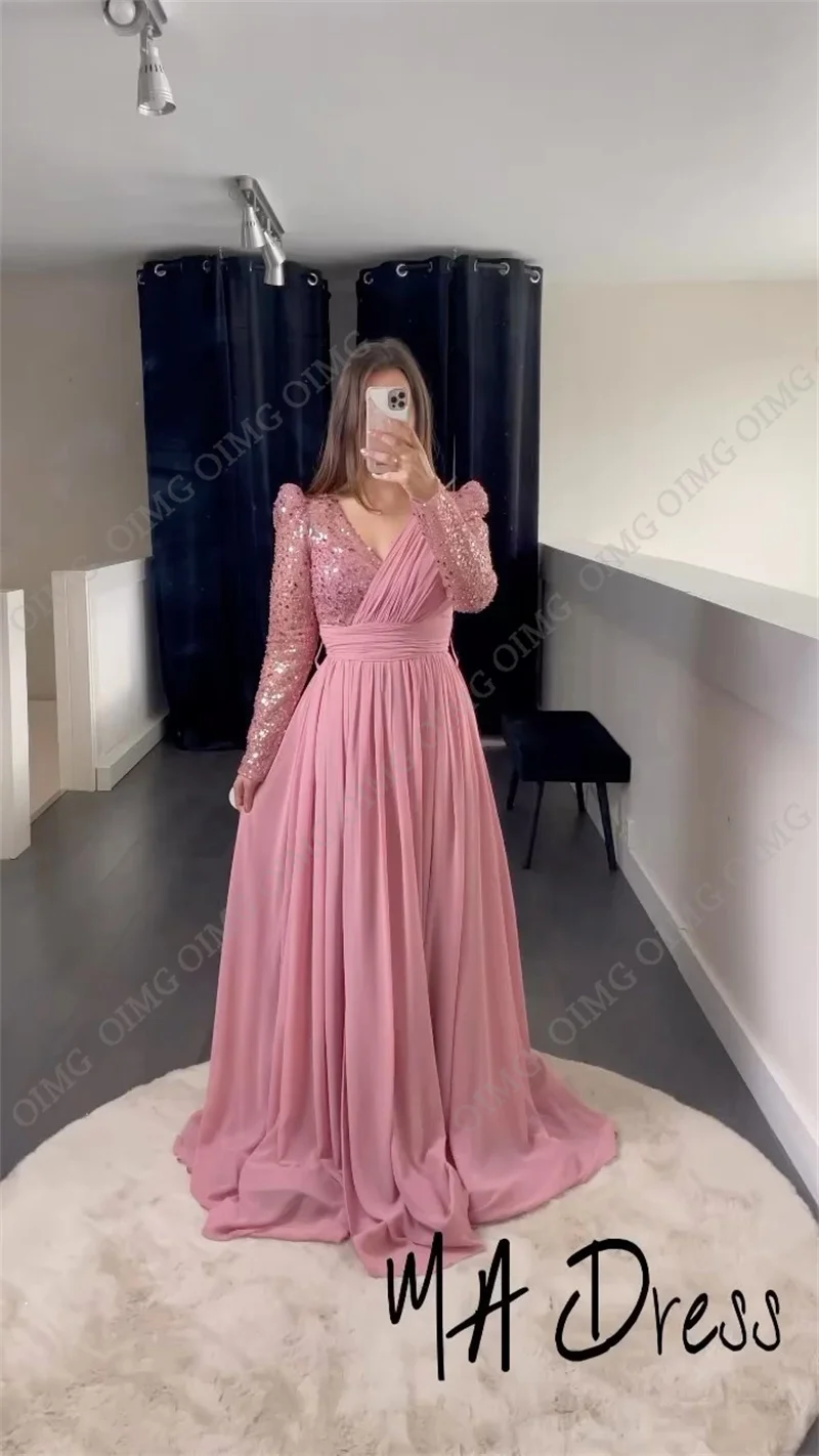 OIMG Sweet Pink Prom Dress Saudi Arabic V Neck Long Shiny Sequins A Line Evening Night Party Dresses Side Slit Formal Gowns 2023