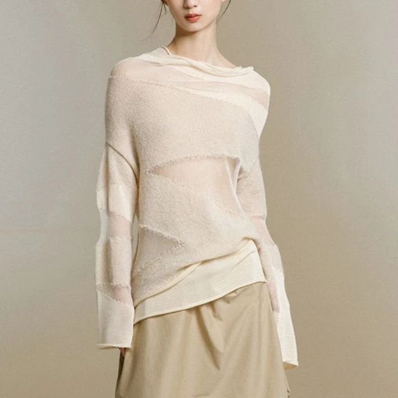 

Versatile Lazy Style Mesh Splicing Long-sleeved Pullover Hollow Sweater for Women