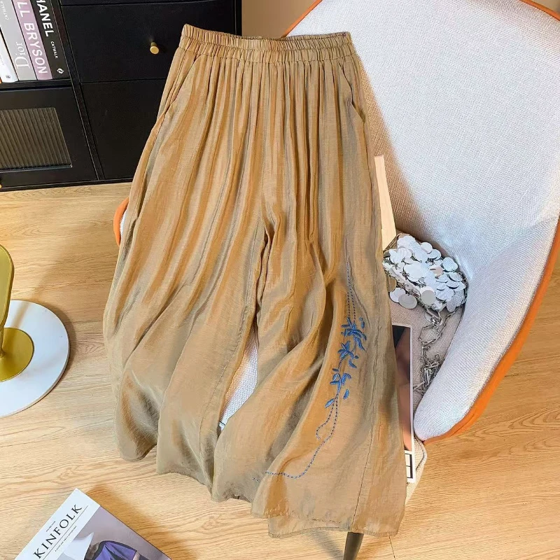

New Chinese-style Embroidered Cotton and Linen Casual Pants for Women in Summer Loose Drooping Wide-leg Pants