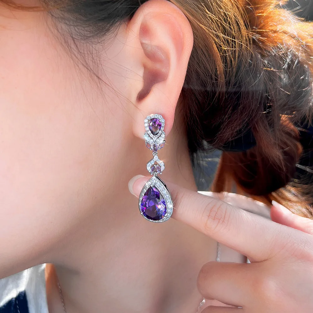 CWWZircons Bezaubernder lila Wassertropfen-Ohrclip mit Zirkonia-Besatz, Ohrringe ohne Ohrloch für Damen, Abendparty-Schmuck EJ0045 – Detail 3
