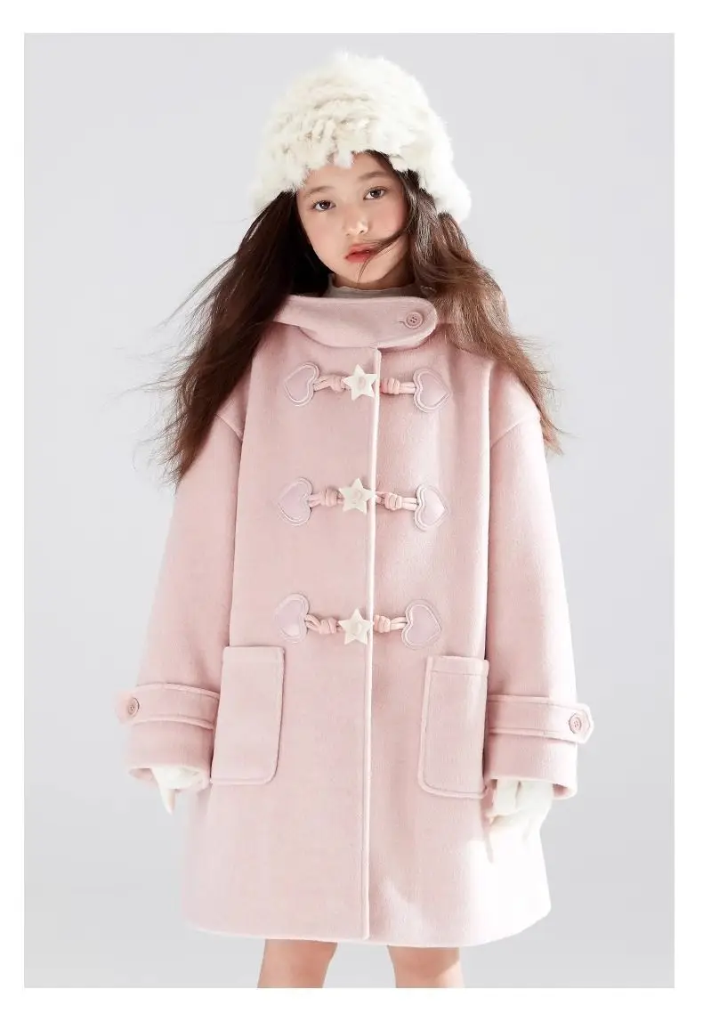 Cotton Padded Kid Girls Trench Coat Korean Star Button Warm 4-12Y Girl Mid-length Coat Winter Junior Girls Hooded Pink Outerwear