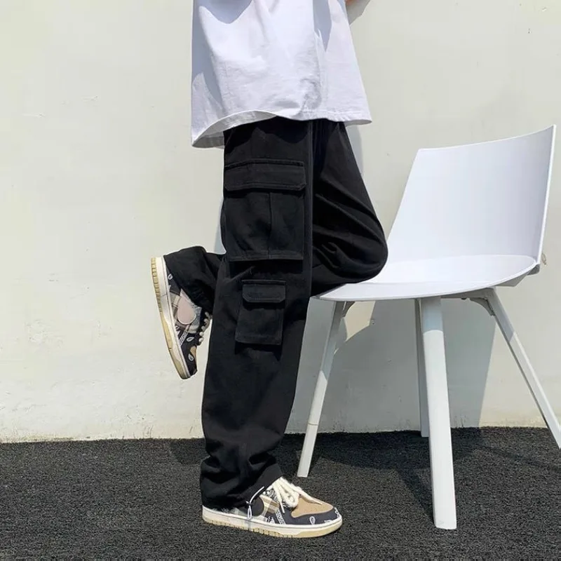 Male Trousers White Aesthetic Men\'s Cargo Pants Wide Multi Pocket Summer Multipockets Straight Clothing Long Fashion Regular Fit