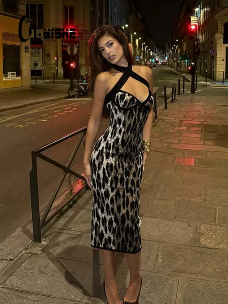 

CNYISHE Leopard Prints Halter V Neck Hip Wrap Women Dresses Fashion Chic Skinny Party Sexy Club Outfits Bodycon Female Vestidos