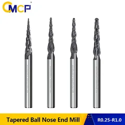 CMCP Milling Cutter 1pc R0.25/R0.5/R0.75/R1.0 3.175mm Shank Tapered Ball Nose End Mill Carbide Wood Engraving Bit CNC Router Bit