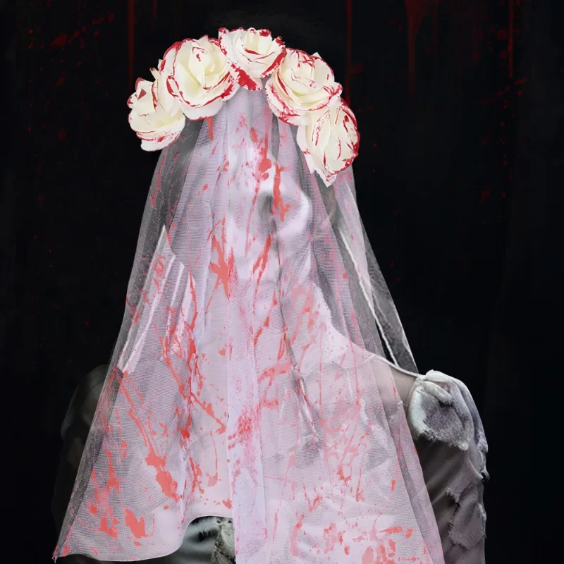 

Halloween Gothic Bride Veil Flower Headband Bloody Mask Spooky Cosplay Accessories Horror Theme Party Dress Up Props Adult