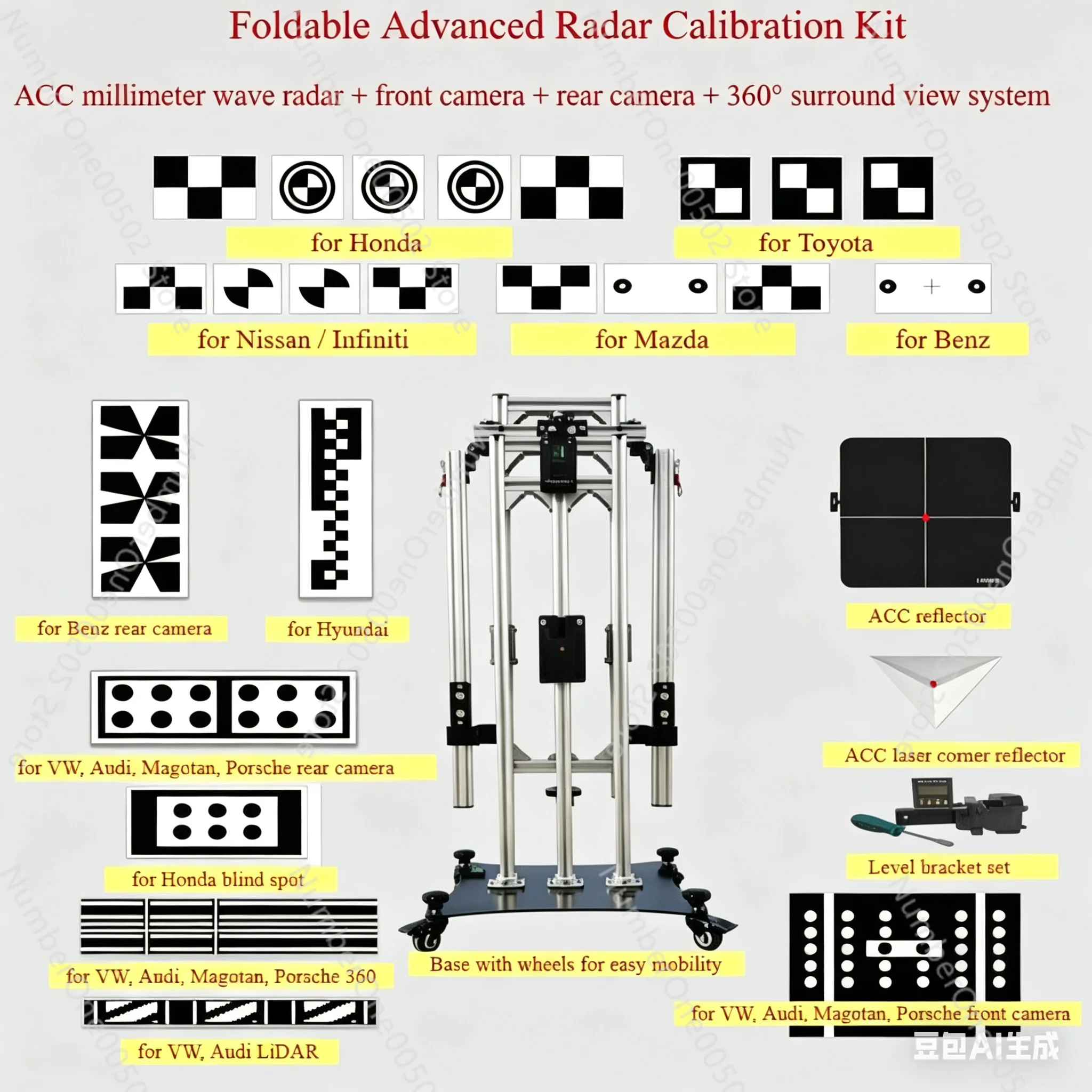 Foldable ADAS Calibration Complete Kit ACC mmWave Radar,Front Rear Camera,360 Surround View Calibration for Toyota,Honda,VW,Benz
