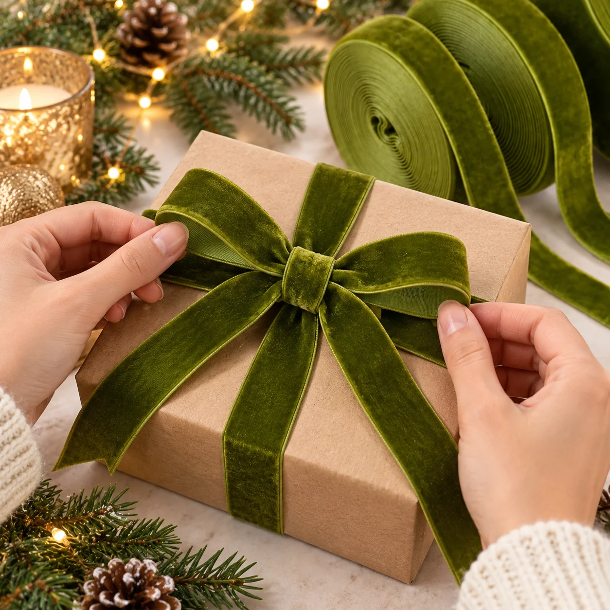 Deep Green Velvet Ribbon, Which Creates a High-End Christmas Atmosphere with Bow Decorations, Flower Garlands, and Gift Straps
