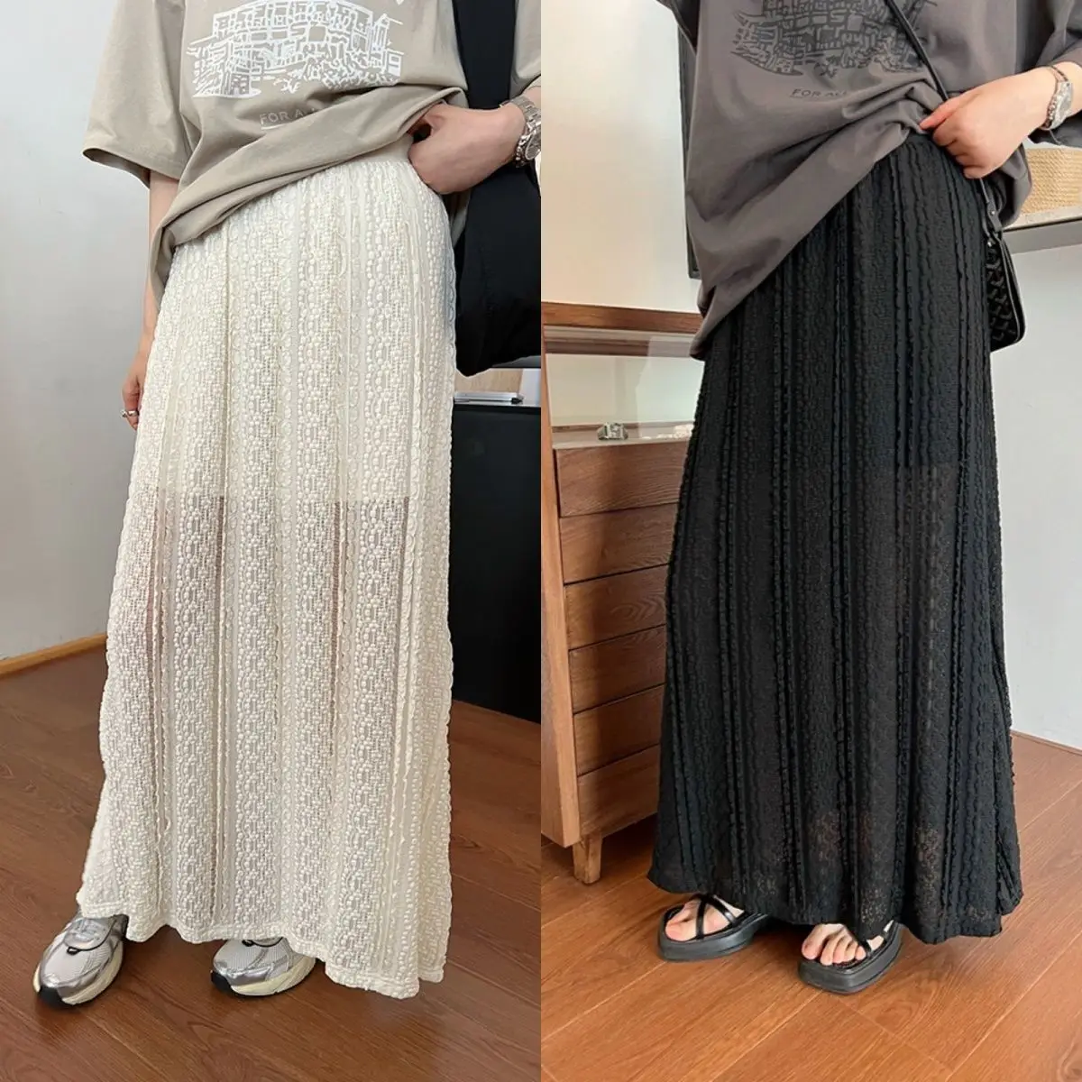 

Spring Autumn Women Beige Fashion Long Skirt Female Vintage High-Waist Chic Lace skirts Korean Black Skirt