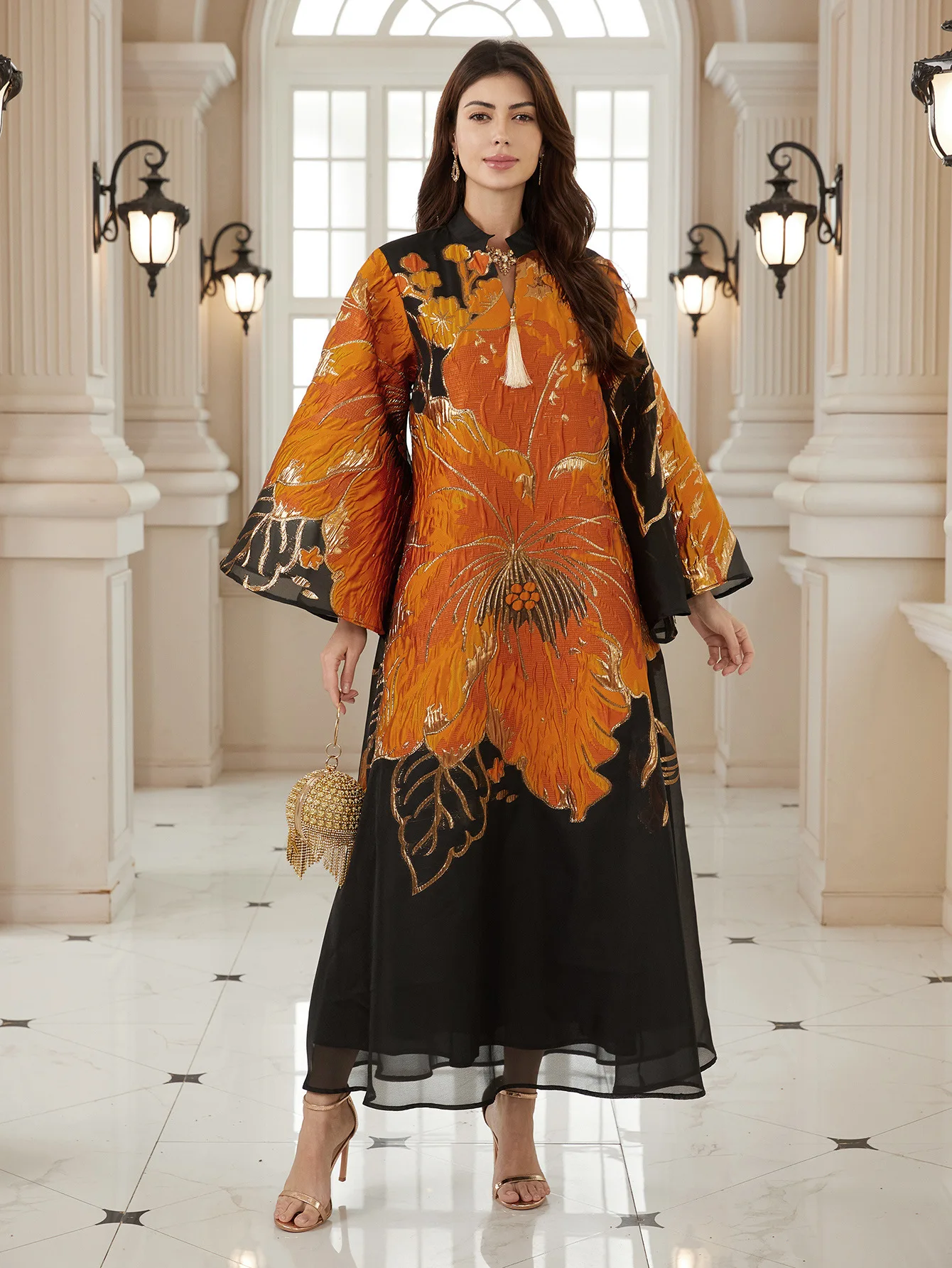 

Изысканная абайя с художественным ботаническим орнаментом, консервативная абайя с длинными рукавами, традиционное макси-платье в арабеск стиле