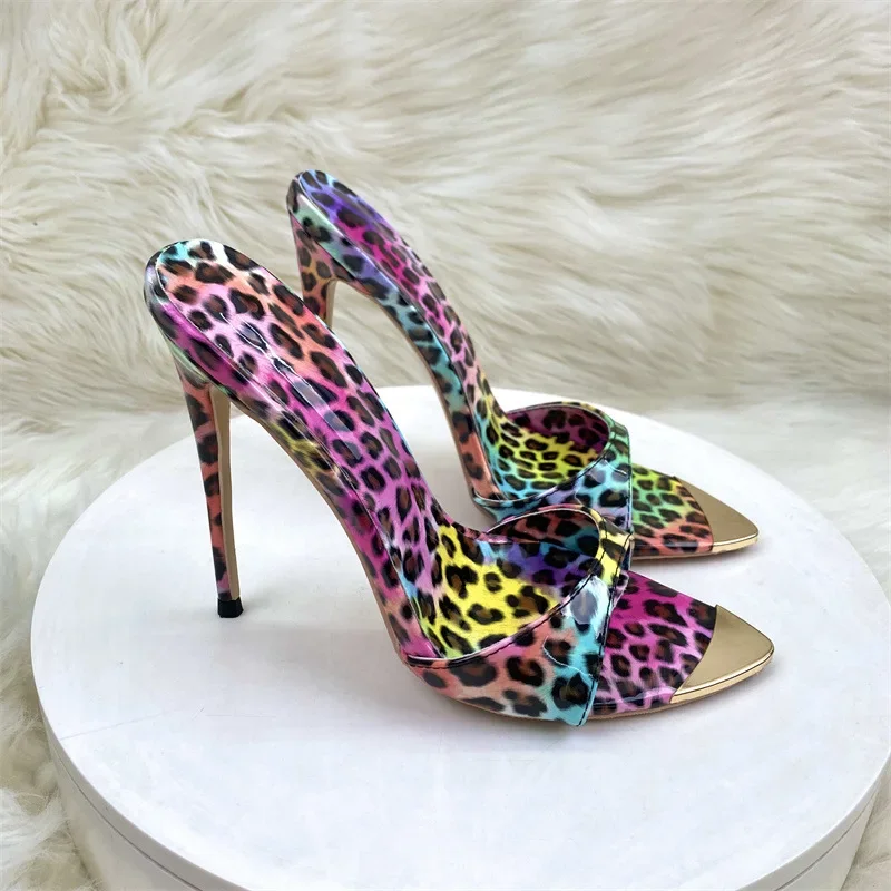 Colour Leopard Print High Heeled Slippers for Women with Thin Heels, Pointed Toes Exposed Toes High Heels 12cm Sexy Sandals