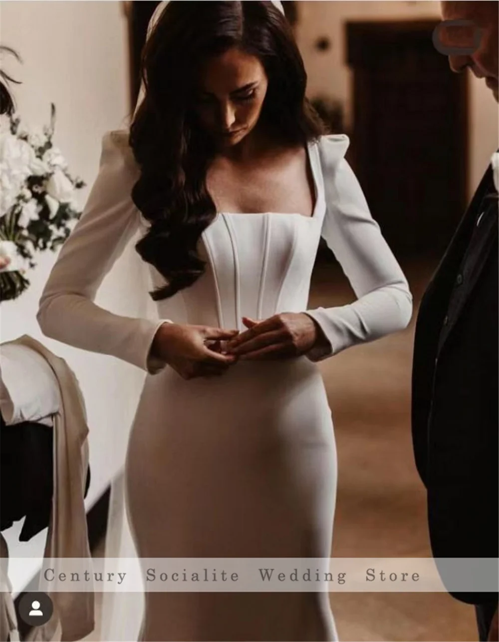 Simple Wedding Dress for Women Bride Mermaid Bridal Gowns Long Sleeve Square Neck Backless Robe de Mariee Nouveaute Customized