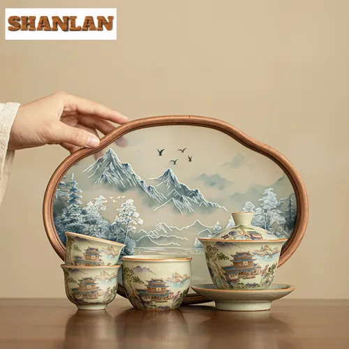 창의적인 세라믹 산사이 커버 그릇 세트, 선 핸드 페인팅 조경 차 세트, 다도 세트, 그릇 및 컵, 베고니아 접시 선물 