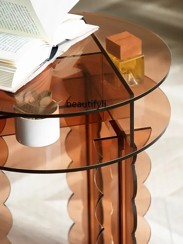 Gray square light luxury transparent acrylic creative double-layer corner table household storage round small coffee table