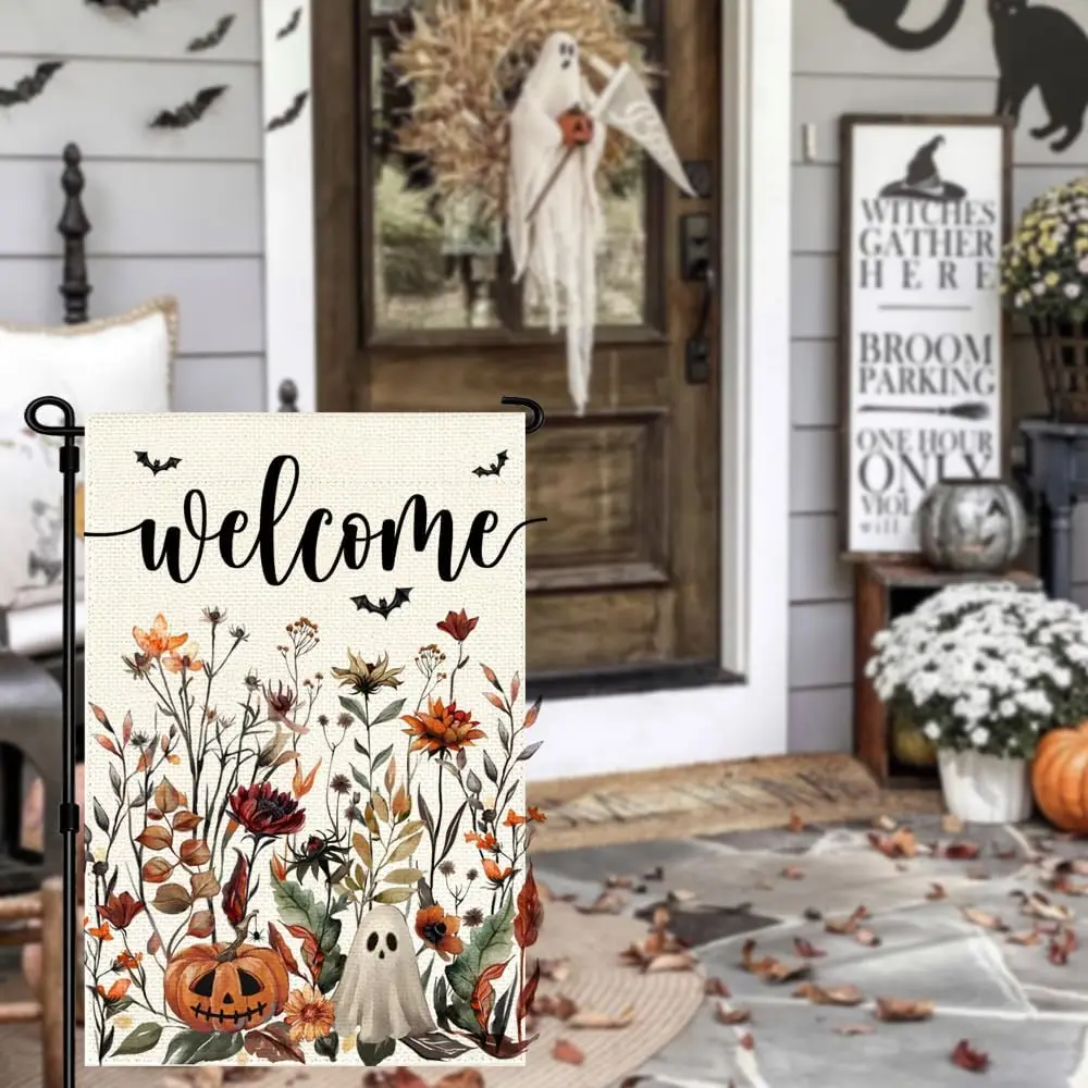 RABUSOFA Floral Halloween Garden Flag 12x18 Inch Double Sided Outside,Flowers Pumpkin Bat Ghost Welcome Yard Outdoor Decorat uui