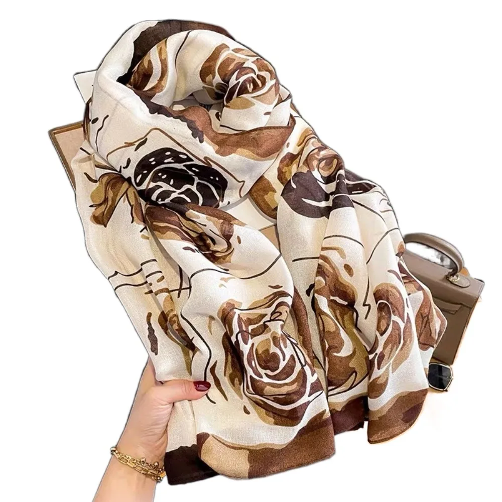 

Korean Style Floral Scarf Shawls Elegant Cotton Linen Sunscreen Foulard Shawl Flower Printed Soft Luxury Silk Scarf Lady