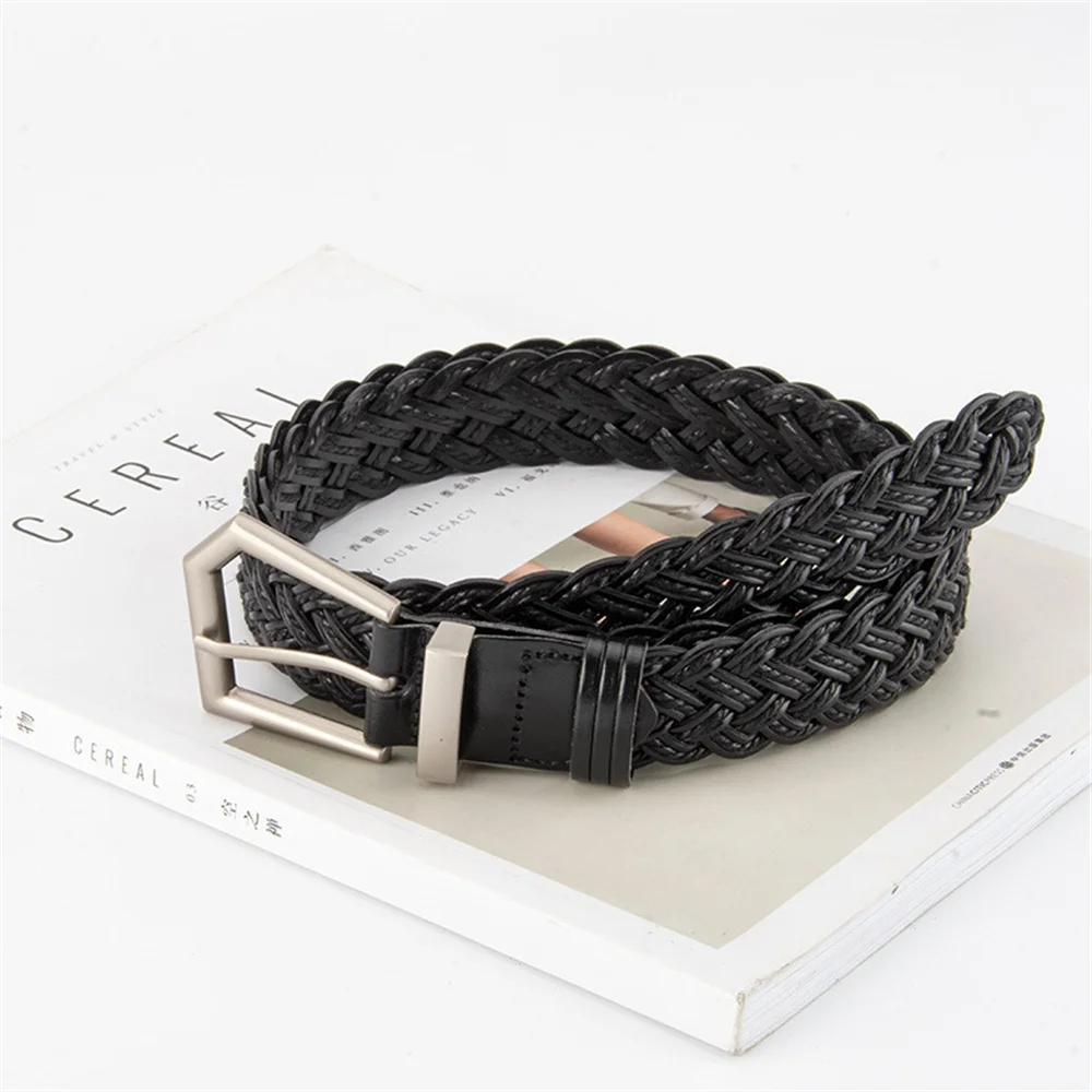 Genuine Leather Braided Belt for Women Retro Trendy Punch-free Waistbelt Metal Buckle Belts for Casual T-shirt Trousers
