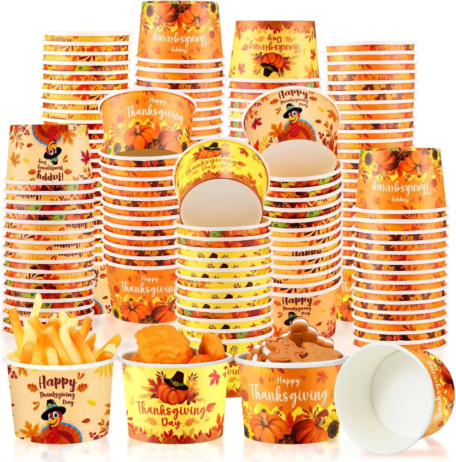 

150 Pieces Thanksgiving Snack Cups 9 oz Disposable Pumpkin Turkey Paper Bowls Fall Ice Cream Cups Autumn Soup Yogurt Foo