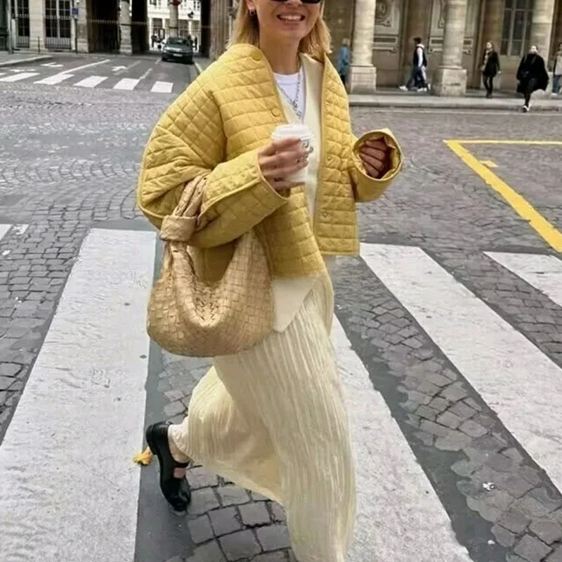 Herfst nieuwe damesmat Sle losse enkele knoop rond Ne Long Sve ort gewatteerde katoenen Jaet jas geruit patroon