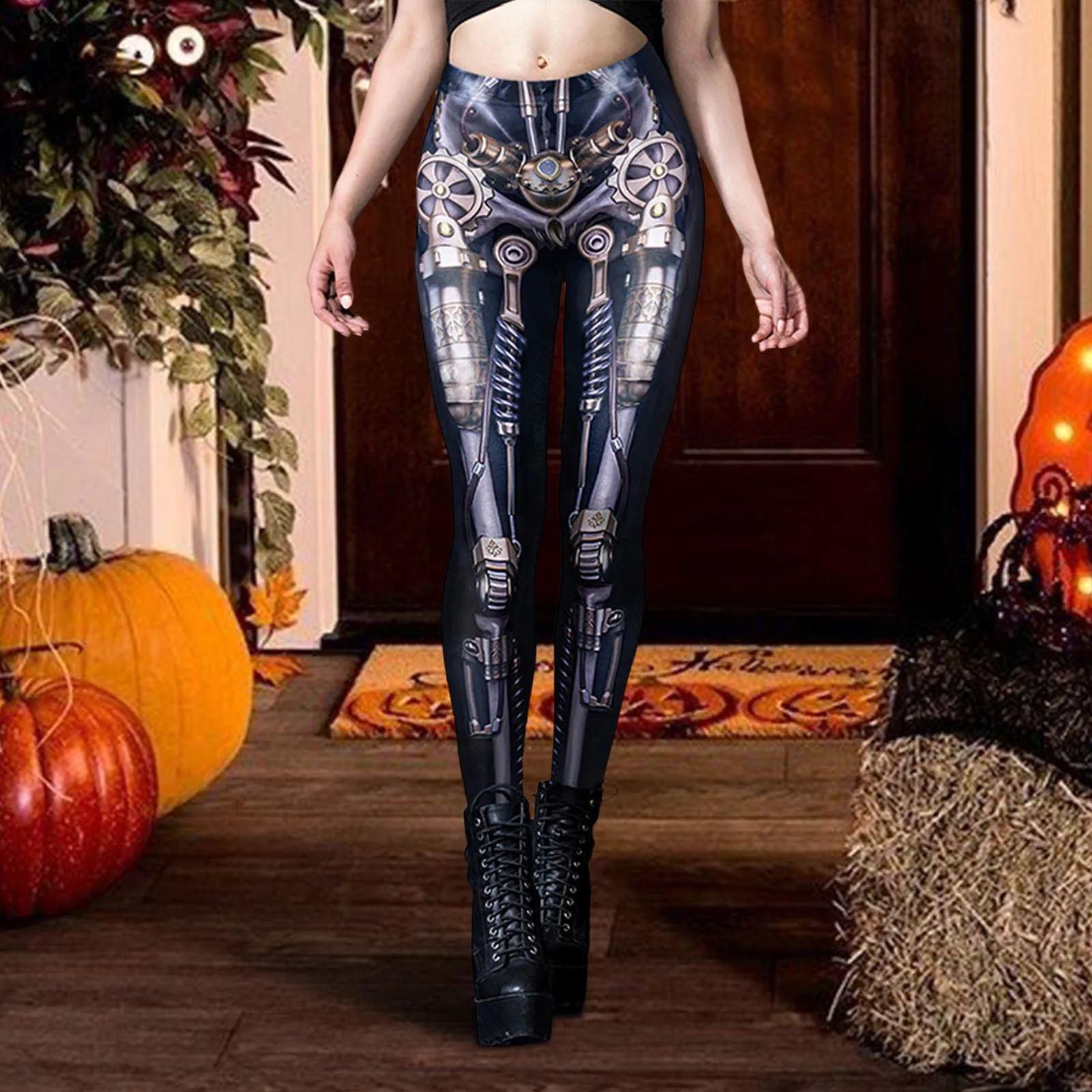 Legging kostum Halloween wanita, celana ketat olahraga pinggang tinggi elastis kontrol perut celana pengangkat bokong celana grafis Kawaii