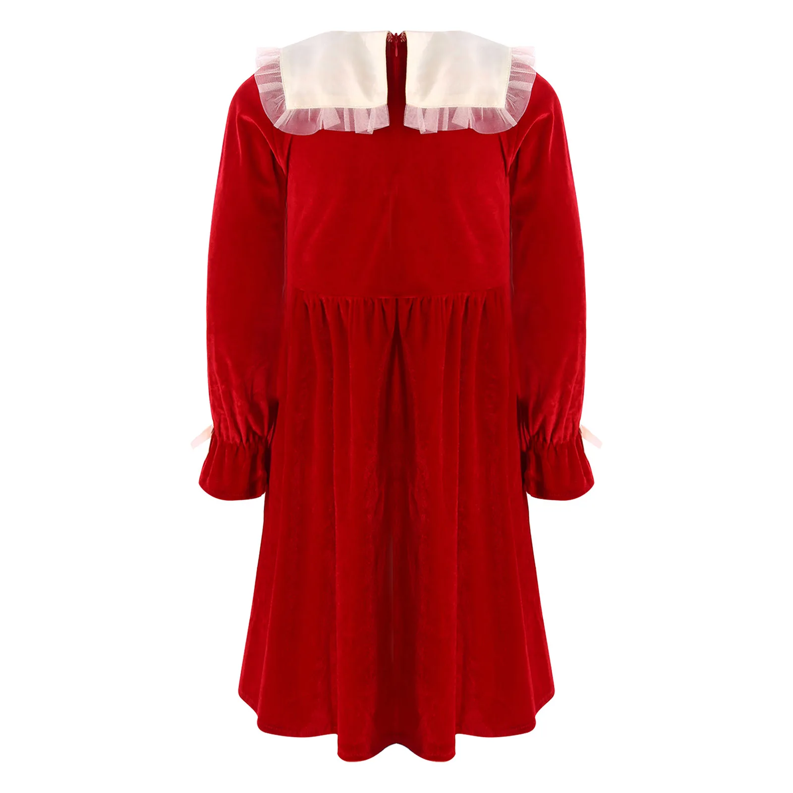 Abito da bambina in velluto rosso natalizio per bambina, manica lunga, fiocco in pizzo, colletto navale, gonna a pieghe, elegante abbigliamento da ballo per festival