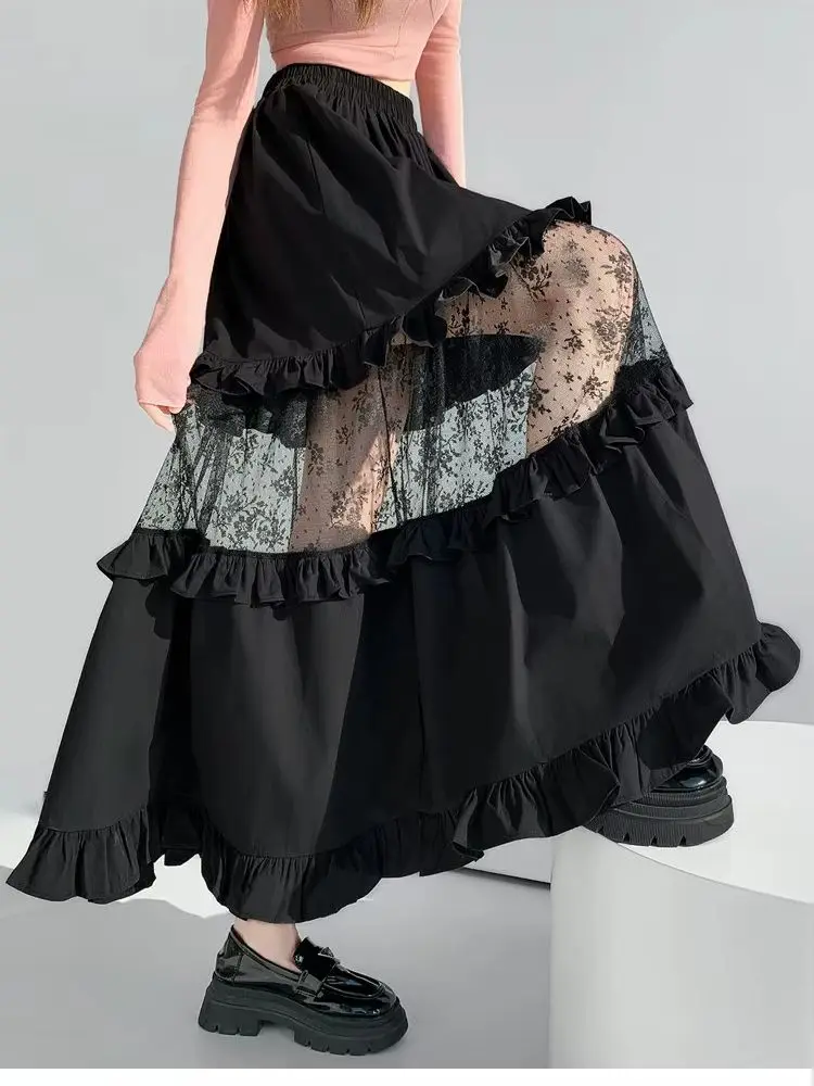 Solid Color Patchwork Lace Skirt Elastic Waist Semi Transparent Floral Yarn Long Skirt Elegant Temperament A-Line Skirt New