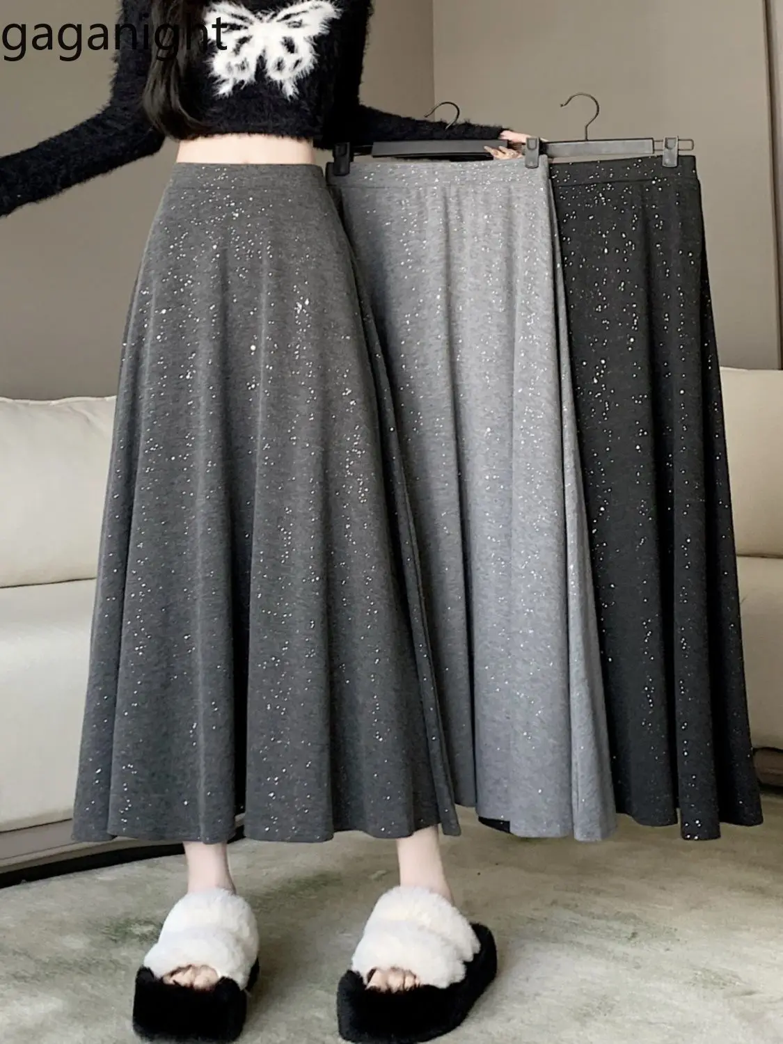 Gaganight Women Grey Sequined Knitted Midi Skirt 2024 Women's Autumn Winter Hanging High Waist Slim Medium Long Umbrella Skirt