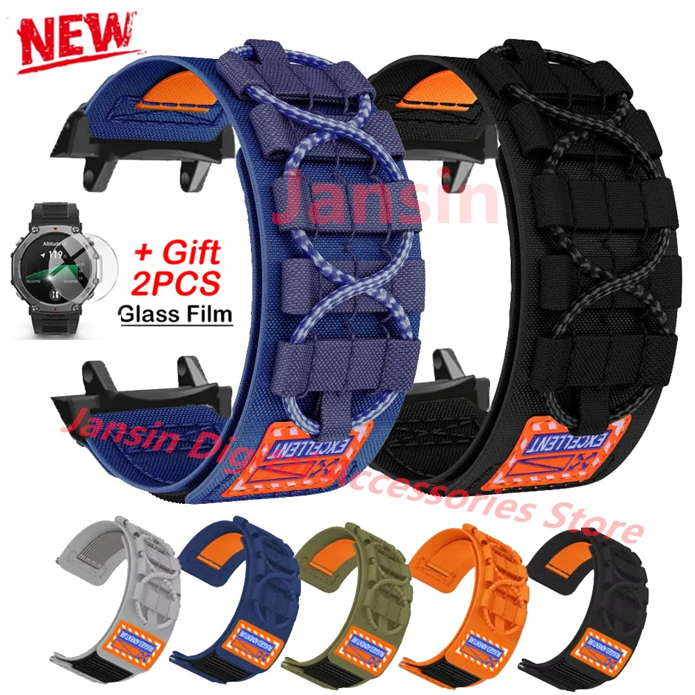 

For Amazfit T-rex3 Nylon Loop Band Tempered Glass Film For Amazfit T-REX3 Bracelet Sport Strap Accessories Replaceable Correa