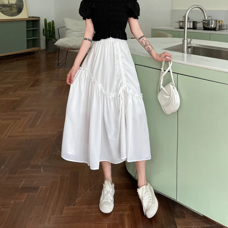 

Корейская модная женская белая юбка нестандартного дизайна, новинка 2025, средняя и длинная юбка А-образной формы на шнурке