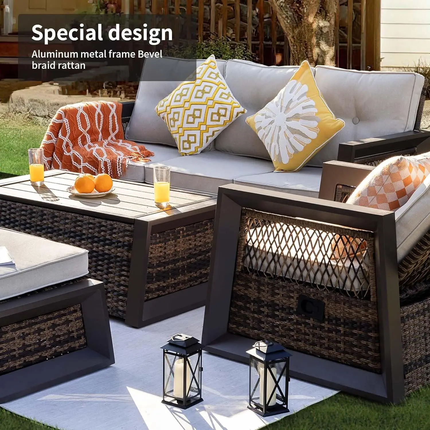 6Pcs Outdoor Furniture Set Patio Furniture with Aluminum Frame, Wicker Recliner Chairs with Ottomans Modern Outdoor Conversation