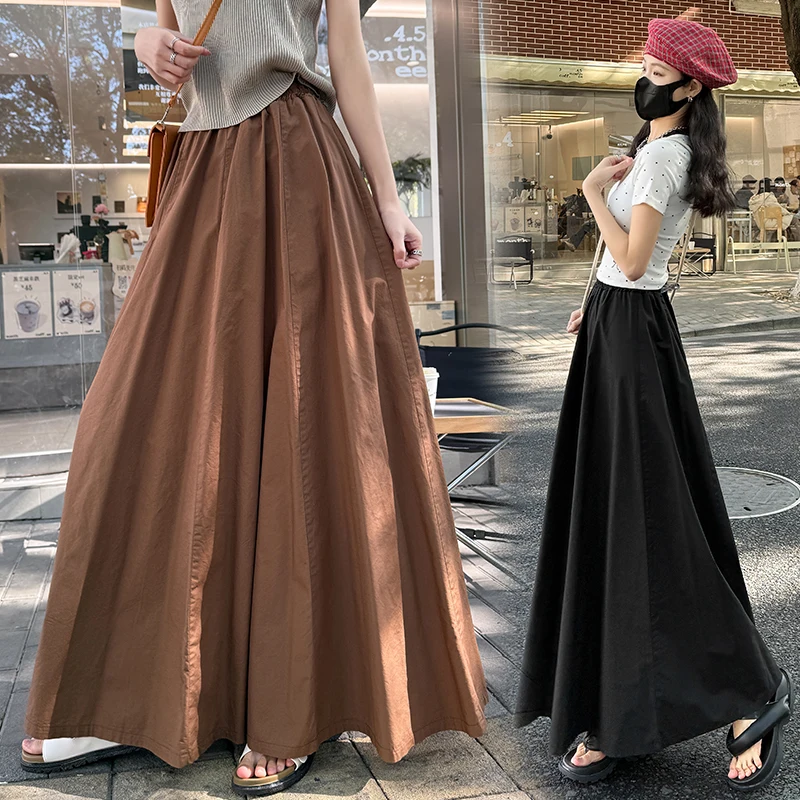 Jupe longue surdimensionnée pour femmes, noire et blanche, élégante, mode française, marron, taille haute, demi-jupe plissée, populaire, printemps été