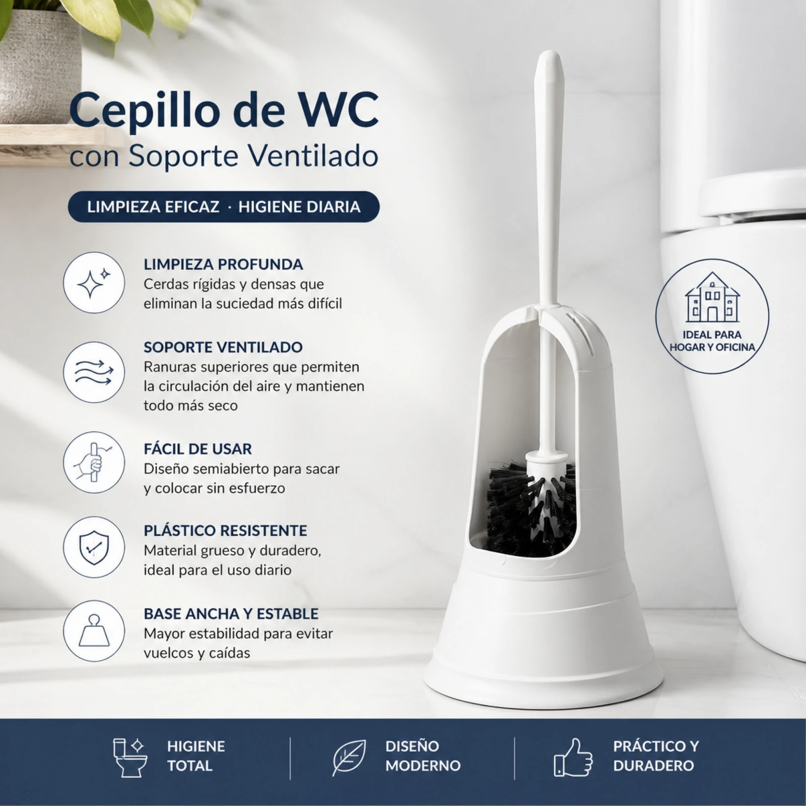Brosse de toilette pour salle de bain avec support ventilé et base stable, brosse WC à poils rigides en plastique durable pour un nettoyage en profondeur, design moderne 16x36,2 cm pour la maison et le bureau