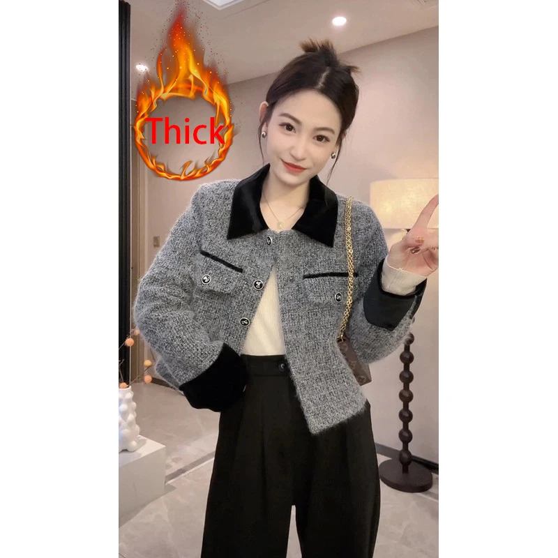 

Vintage Cropped Jacket Women Elegant Patchwork Quilted Coats Winter Ladies Korean Streetwear Long Sleeve Design Short Outerwears