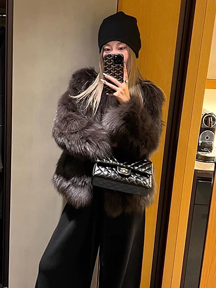 

Winter New Fashion Mocha Gray Brown Eco-Friendly Faux Fox Fur Coat Women's Round Neck Plush Thick Short Jacket