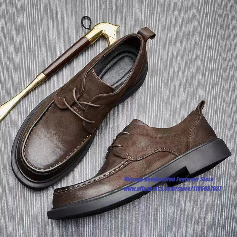 Brown/black Leather Men's Shoes Round Toe Lace-Up Height Increasing Office Dress Shoes ﻿Vintage Handcrafted Men's Shoes