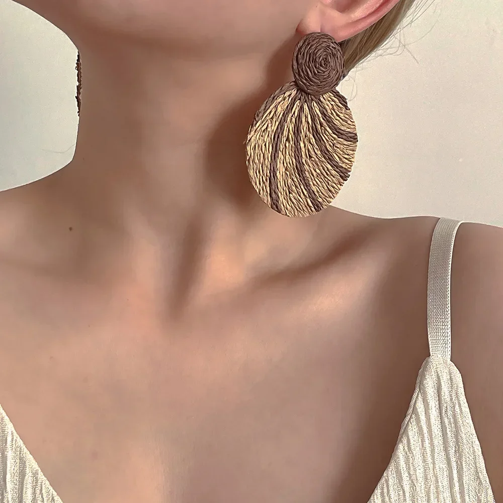 Minar Exaggerated Contrast Color Stripes Rattan Knit Round Dangle Earrings for Women Large Geometric Earring Holiday Jewelry