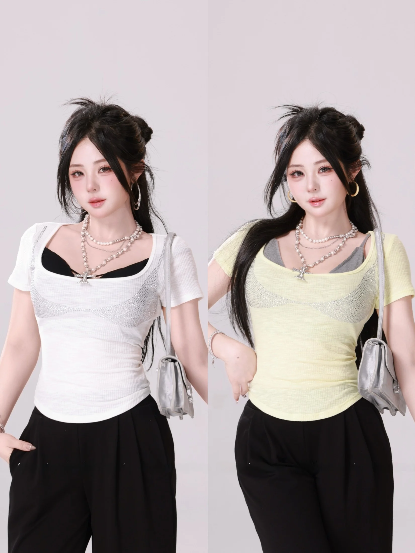 

Sexy ort Sve T-irt Women's Slim Fit Ne Hanging Design Pure Desire Trap Two-Piece Casual Sle Summer Top for Ladies