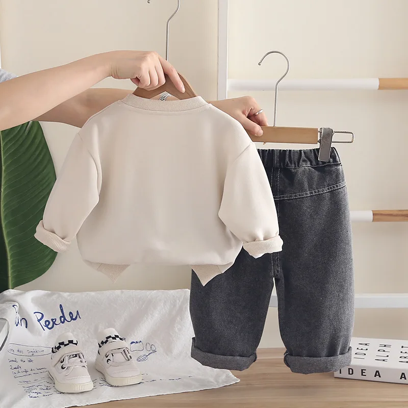 Toddler Boys Outfit Set Kids Fall Clothing 2026 Spring Autumn Denim Patchwork Sweatshirts and Pants Two Piece Children's Clothes