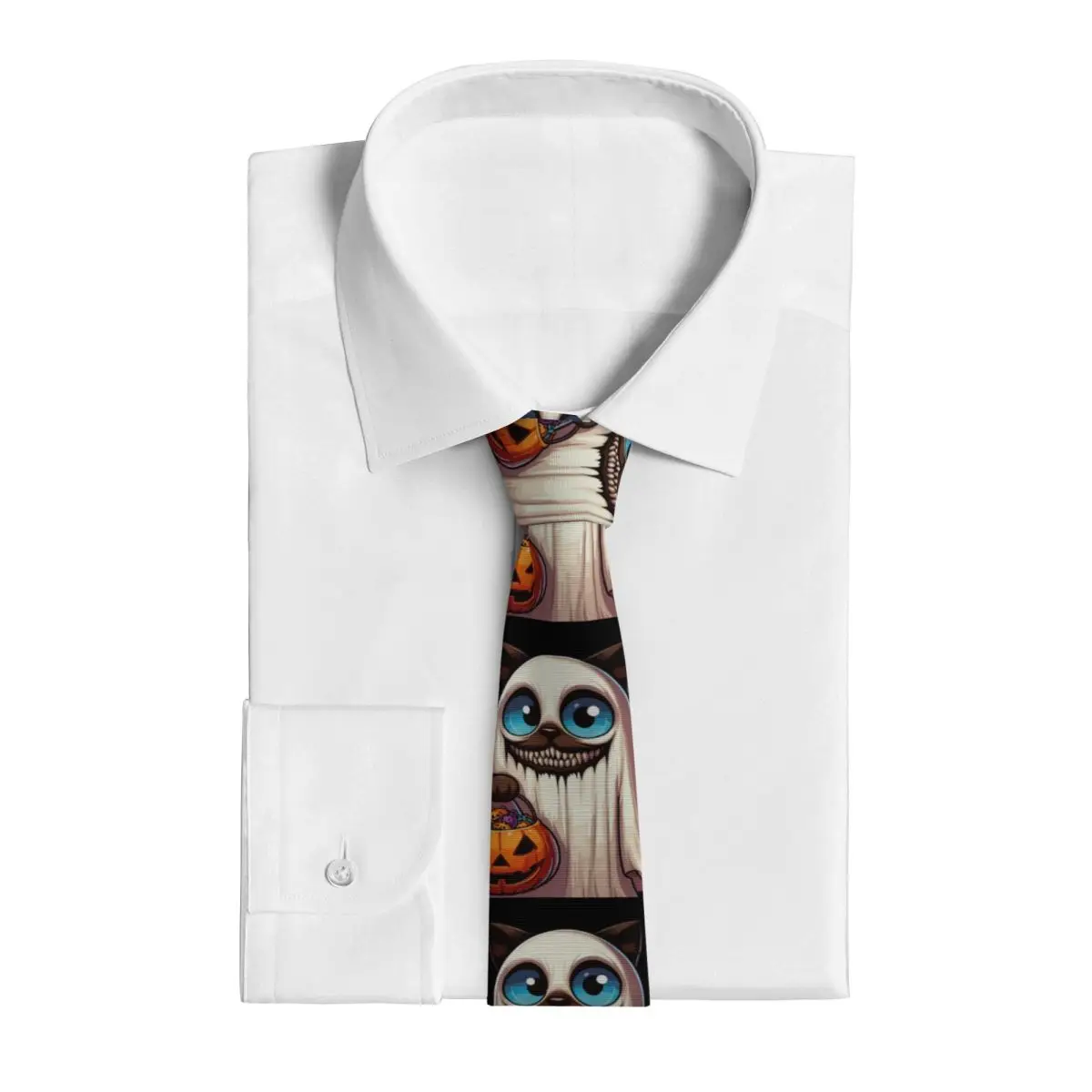 Siamese Cat Scary Halloween Ghost Spooky Pumpkin Candy Necktie for Men Silk Polyester 8 cm Neck Ties Party Suits Tie