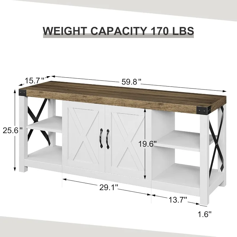 Farmhouse TV Stand for 65/60/55 Inches, Mid Century Modern Entertainment Center with Storage Cabinets and Open Shelves,