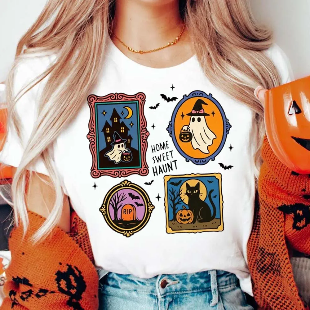 Home Sweet Haunt Halloween Ghost T-Shirt Women's Fall Fashion O-Neck Short Sleeve Basic Top Casual Versatile Clothes T-Shirt