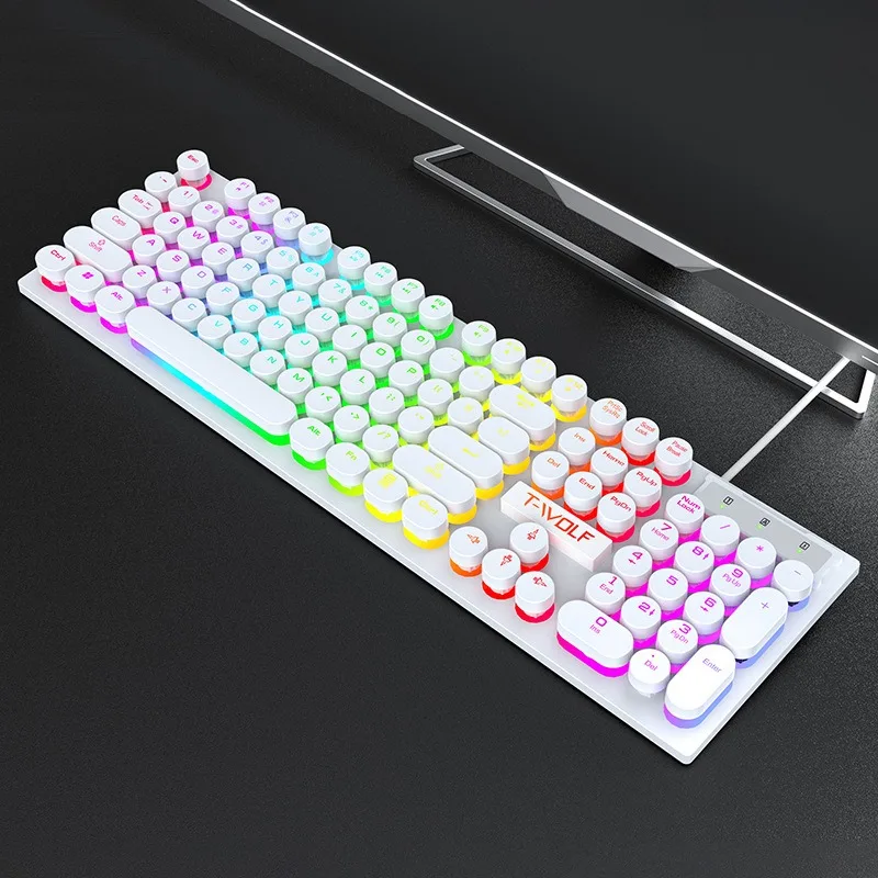 T-WOLF T80 Wired Mechanical Keyboard, Retro Round Keycaps Pink RGB Backlit USB Gaming Keyboard for PC Computer Gamer