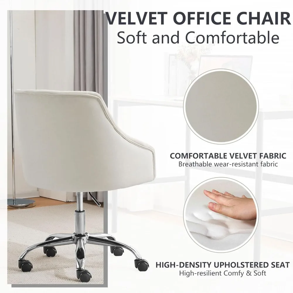 MOJAY Velvet Office Swivel Chair, Vanity Fabric Desk Pretty Fancy Gold Office Chairs for Girls, 360°Swivel Height Adjustable Rec