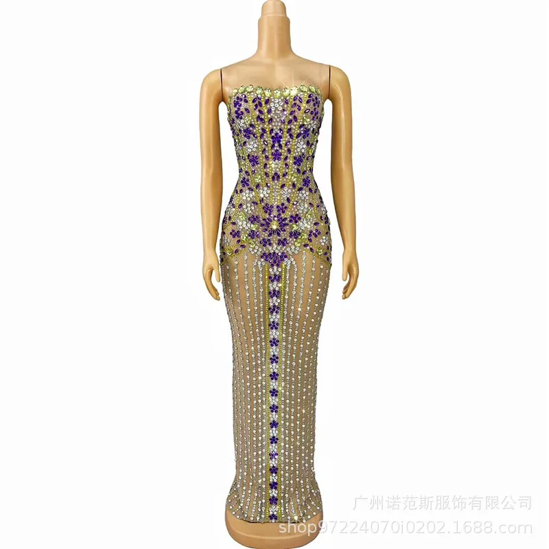 Luxury Rhinestone Contrasting Color Design Temperament Dress Annual Meeting Women's High-end Dress Model Catwalk Robes De Soirée