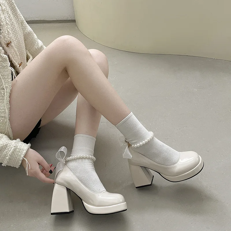 Women High Heels Shoes Square Toe Pumps Mary Jane Shoes JK Cosplay Square heel party wedding Lolita Pearl Bow Pumps A26-91