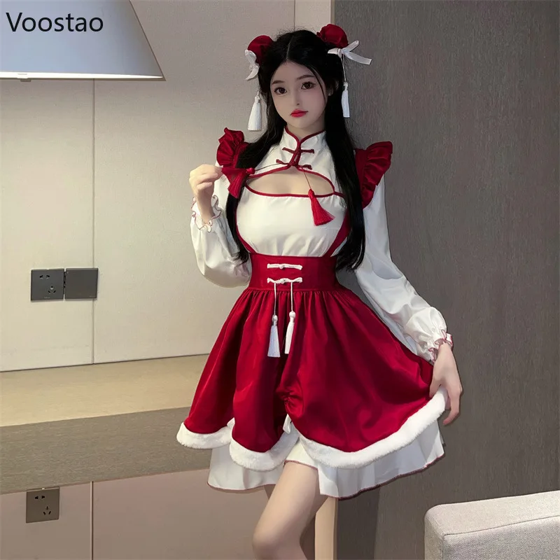 Japanese Lolita Dress Women Sweet Tassels Maid Unifrom Cosplay Costumes Harajuku Ruffles Long Sleeve Y2k Party Mini Dresses Sets