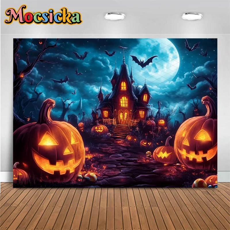 Mocsicka Хэллоуин фон для фотосъемки замок дом ужас ночь летучая мышь Jack-O-Lantern вечерние Декор детский фото фон обои