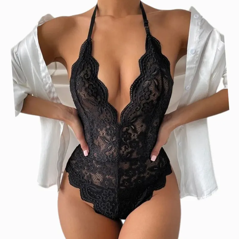 Halter Lace Corset Solid-Color Intimate Apparel V-Neck Bra Open-Back One-Piece Underwear Women's Sexy Lingerie Streetwear Tops